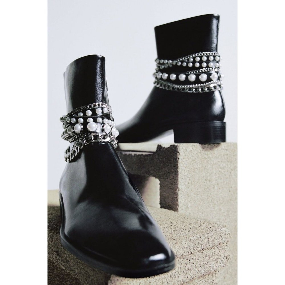 New Zara Short Heel Ankle Boots Pearl Beads Chains Leather Booties Combat Riding - Picture 14 of 14